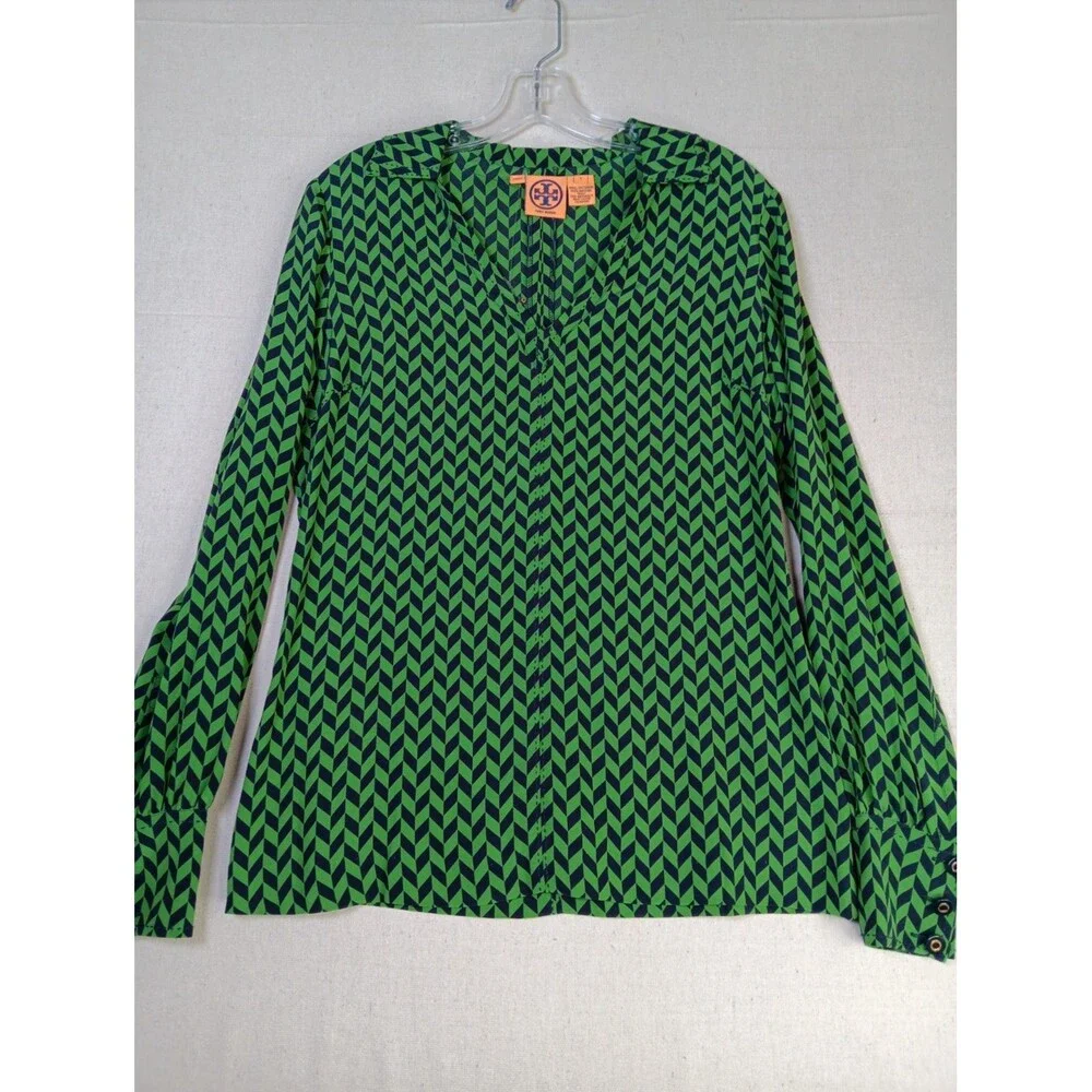 NWT Tory Burch Sydne Silk Blouse Size 6 Green Navy V-Neck Side Zip Long Sleeve